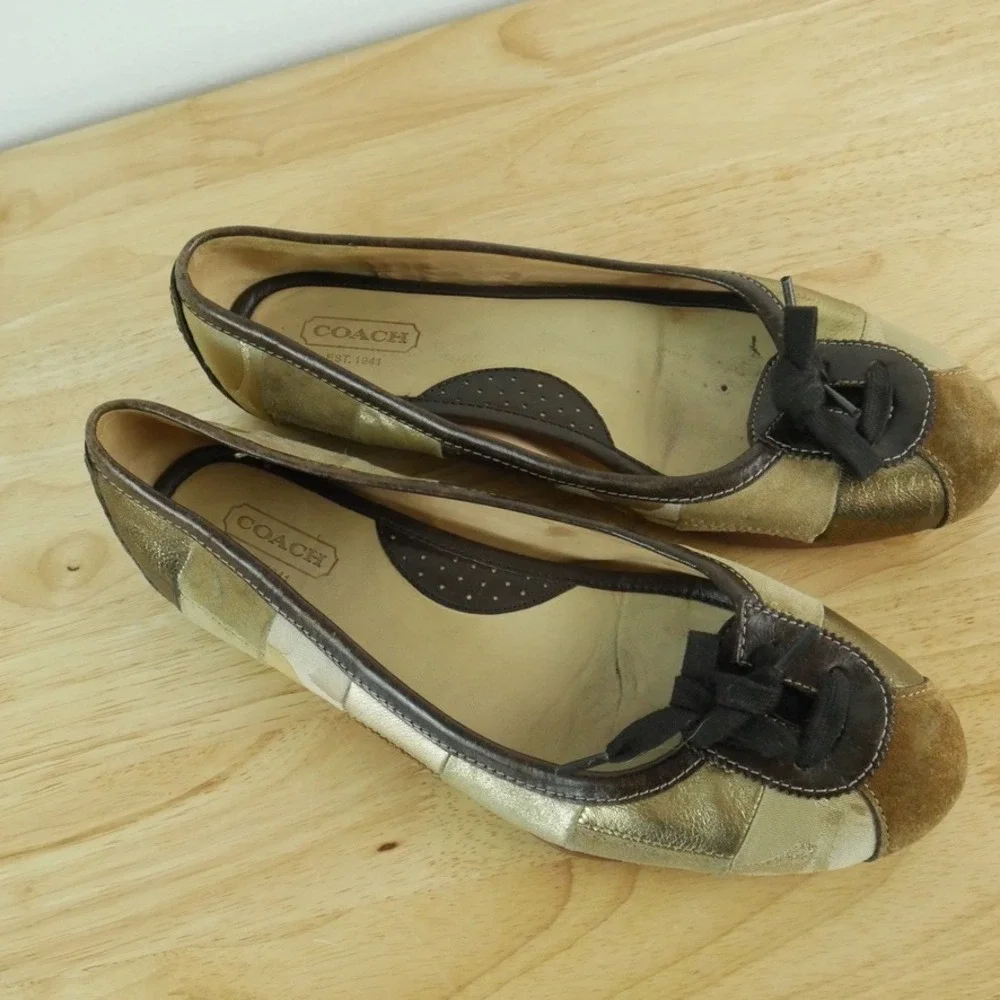 Coach Jasmine Patchwork Ballet Flats Gold Metallic Suede 10 M Y2K Vintage Shoes